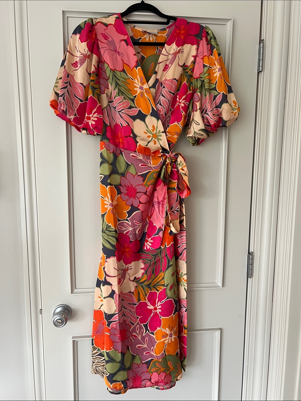 Dress Forum Vibrant Floral Wrap Midi Dress in Pink & Orange